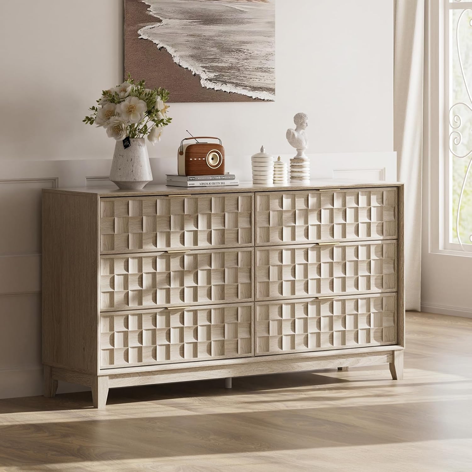 COLAMY Fluted Storage Cabinet with 6 Drawers, Buffet Sideboard Cabinet, Modern Wood Side Board, Living Room Cabinet with Metal Handles for Dining Room, Bedroom, Entryway, Hallway, Oak : Home & Kitchen