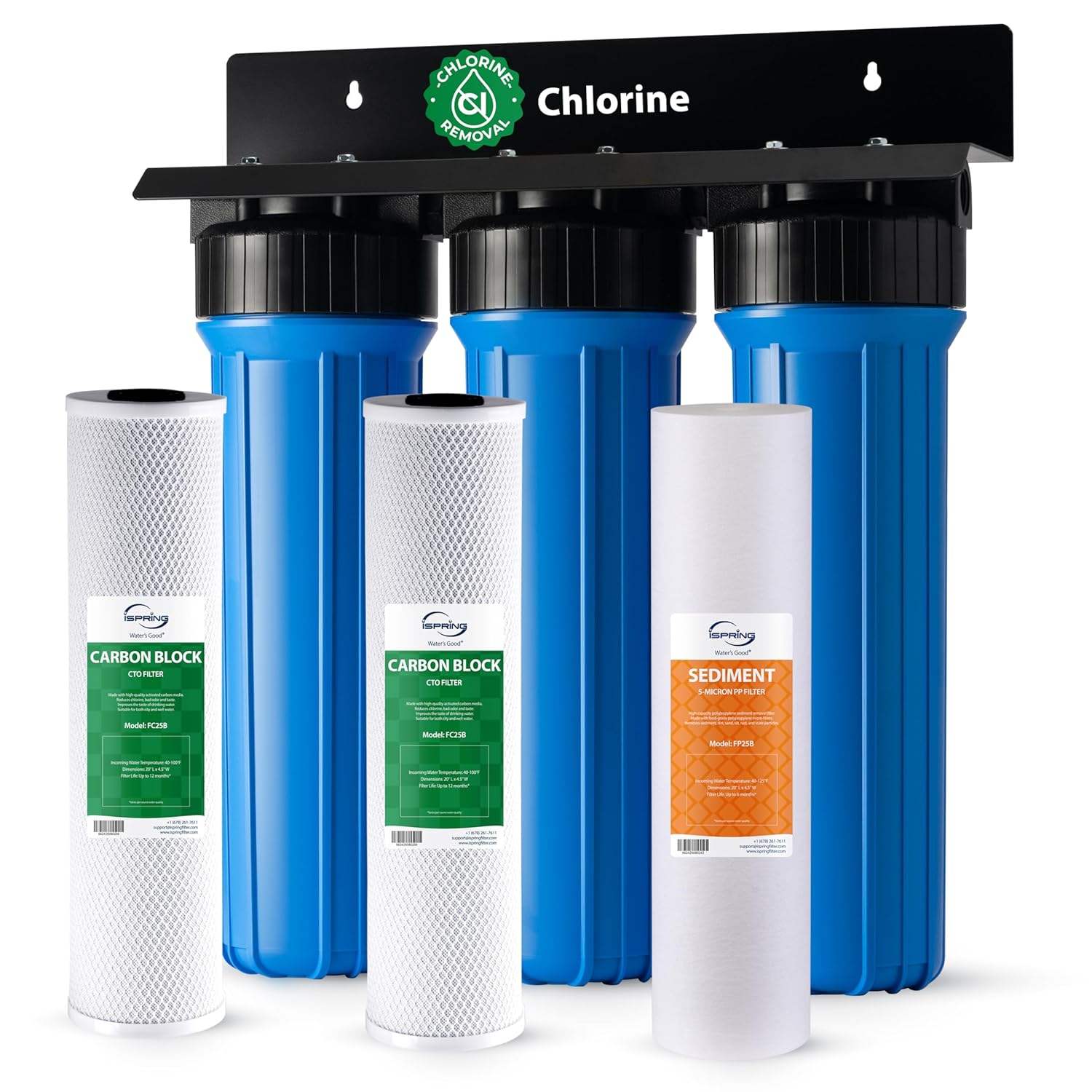iSpring Whole House Water Filter System, Highly Reduces Sediment, Taste, Odor, and up to 99% Chlorine, 3-Stage w/ 20-Inch Sediment and Carbon Block Filters, Model: WGB32B, 1