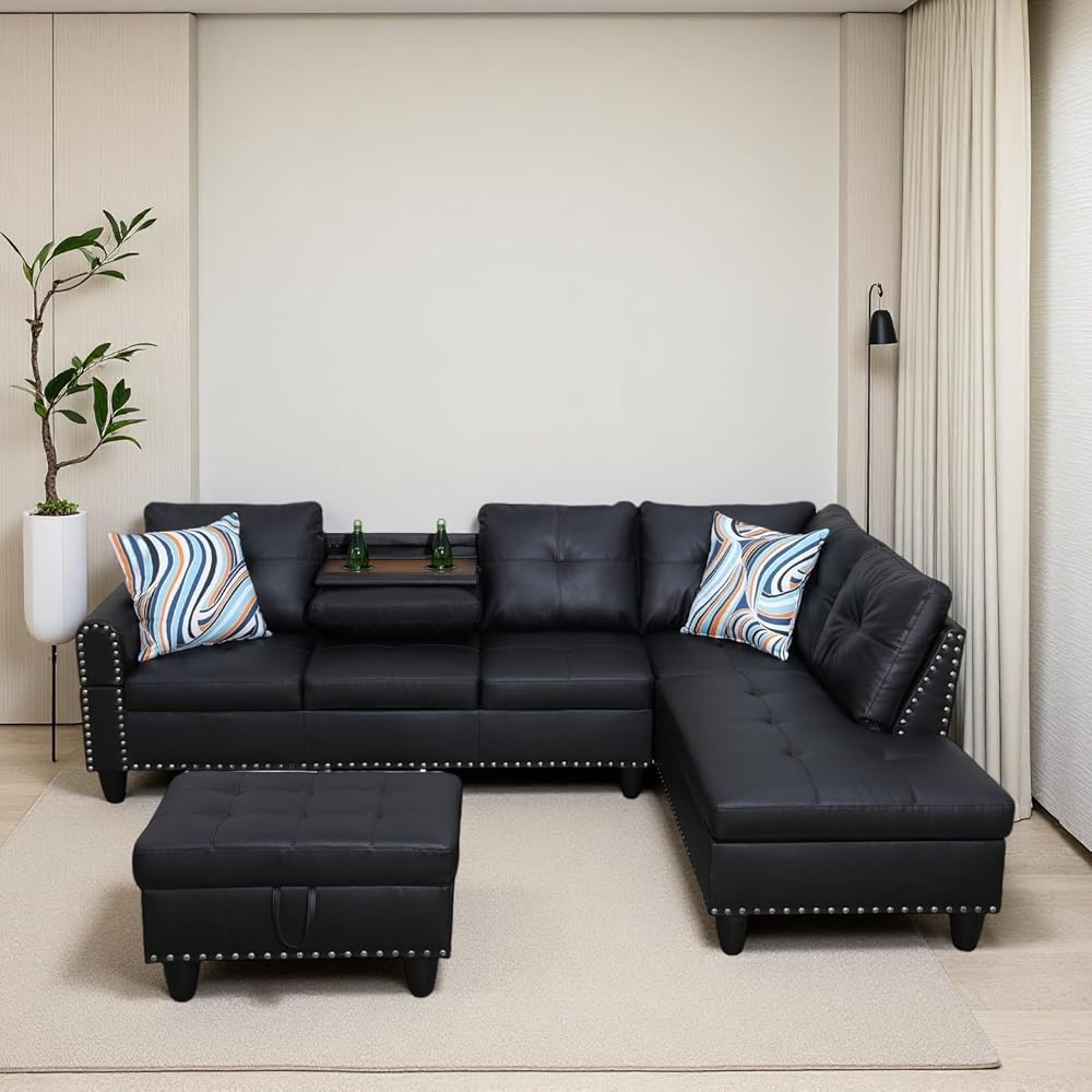 GlasFlength Sectional Couches for Living Room Furniture Sets, 4 Seat Modular Sectional Sofas for Living Room Set with Removable Ottoman, L Shaped Couch Set with 2 Armrest for Apartment, Black : Home & Kitchen