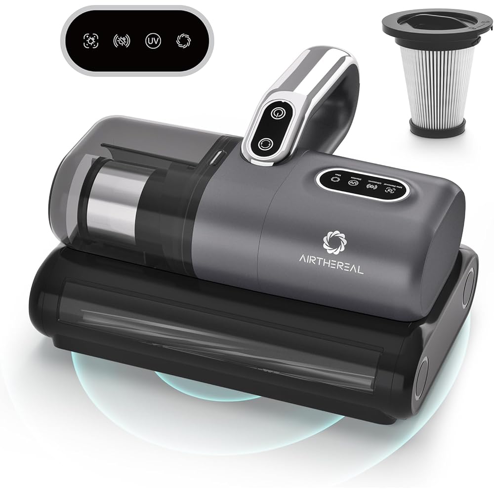 - AIRTHEREAL M1 Mattress Vacuum Cleaner, 6 in 1 Bed Vacuum with High-Frequency Vibration - 80,000 RPM Dual Brushroll Rotation, UV-C Light, 14Kpa Suction, Dust Sensor, Ultrasonic and Heating Tech
