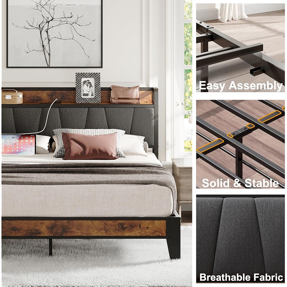 LIKIMIO King Size Bed Frame, Storage Headboard with Charging Station, Solid and Stable, Noise Free, No Box Spring Needed, Easy Assembly : Home & Kitchen