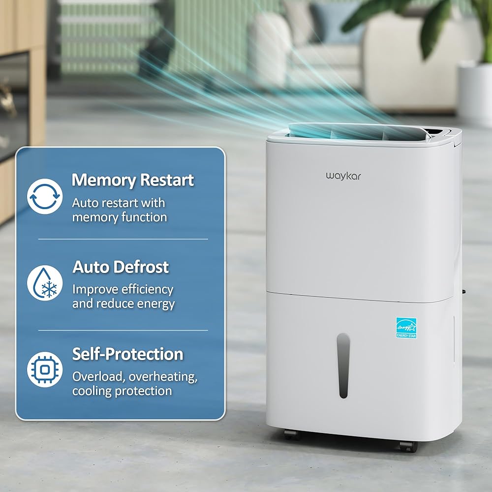 - Waykar 150 Pints Energy Star Dehumidifier with Pump for Spaces up to 7,000 Sq. Ft at Commercial and Industrial Large Room, Warehouse, Home, Basement, Bedroom with Drain Hose, Auto Defrost, Self-Drying