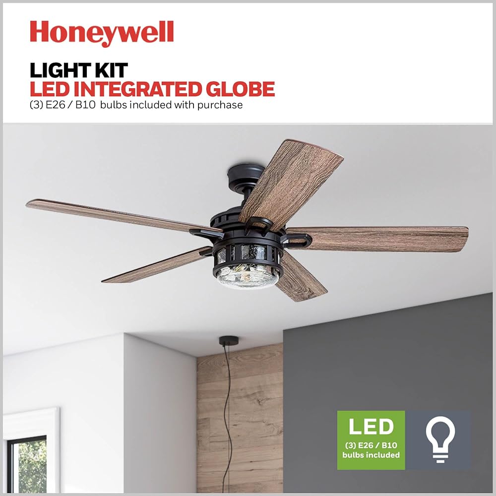 Honeywell Ceiling Fans Bonterra Modern 52 Inch Ceiling Fan with Light, Remote Control Fan, LED Indoor Fan with 5 Blades, Brown Pine and Black Blade Finish Options, Matte Black (50690-01) -