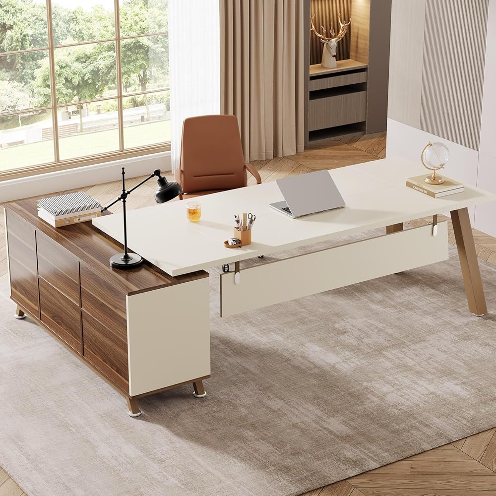 Tribesigns 78.7-Inch Executive Desk, L-Shaped Desk with 55-Inch Cabinet, Large Office Desk with Storage Shelves, Modern Computer Desk for Home Office, White & Walnut : Home & Kitchen
