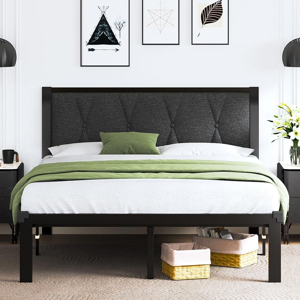 Feonase Full Size Metal Bed Frame with Fabric Button Tufted Headboard, Platform Bed Frame with Heavy Duty Metal Slats, 12