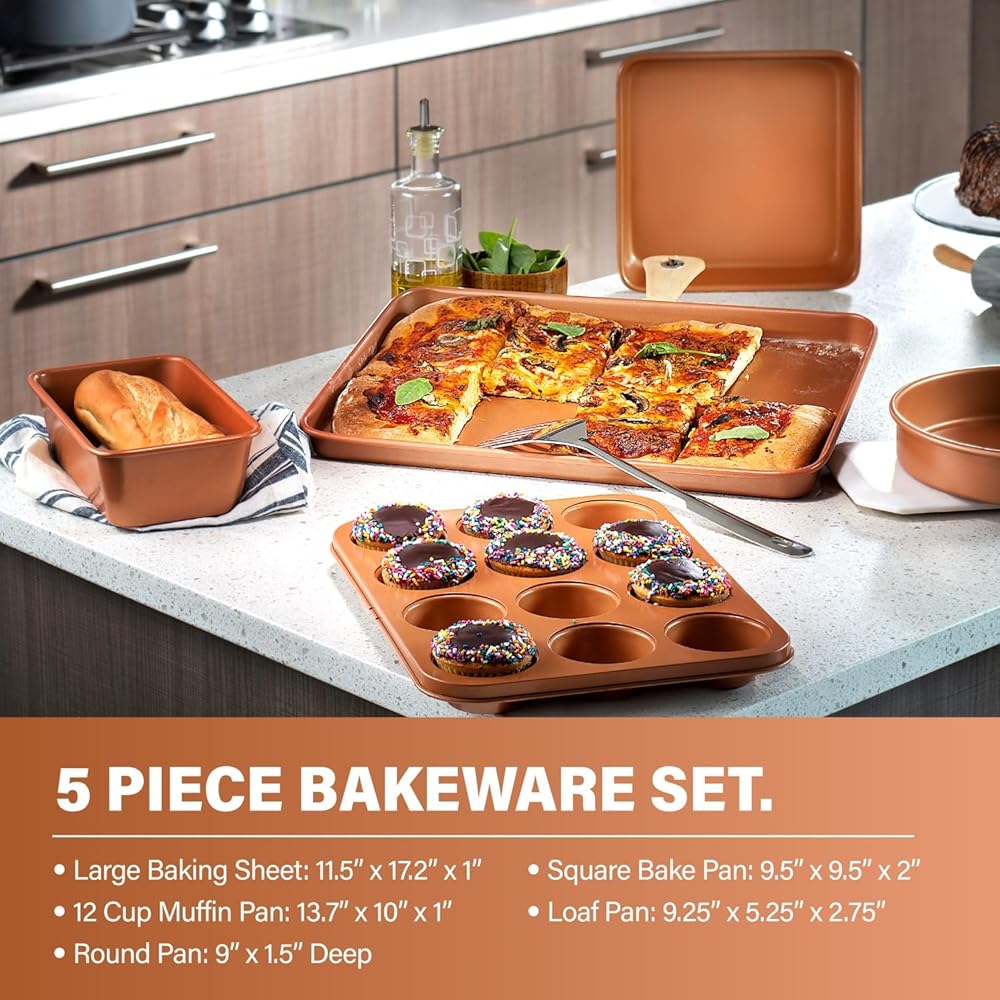 Gotham Steel Hammered 15 Pc Ceramic Cookware Set Nonstick, Deep Copper Pots and Pans Set Non Stick with Bakeware & Deep Fry Pan, Non Toxic PFOA PFOS Free, Induction Oven and Dishwasher Safe