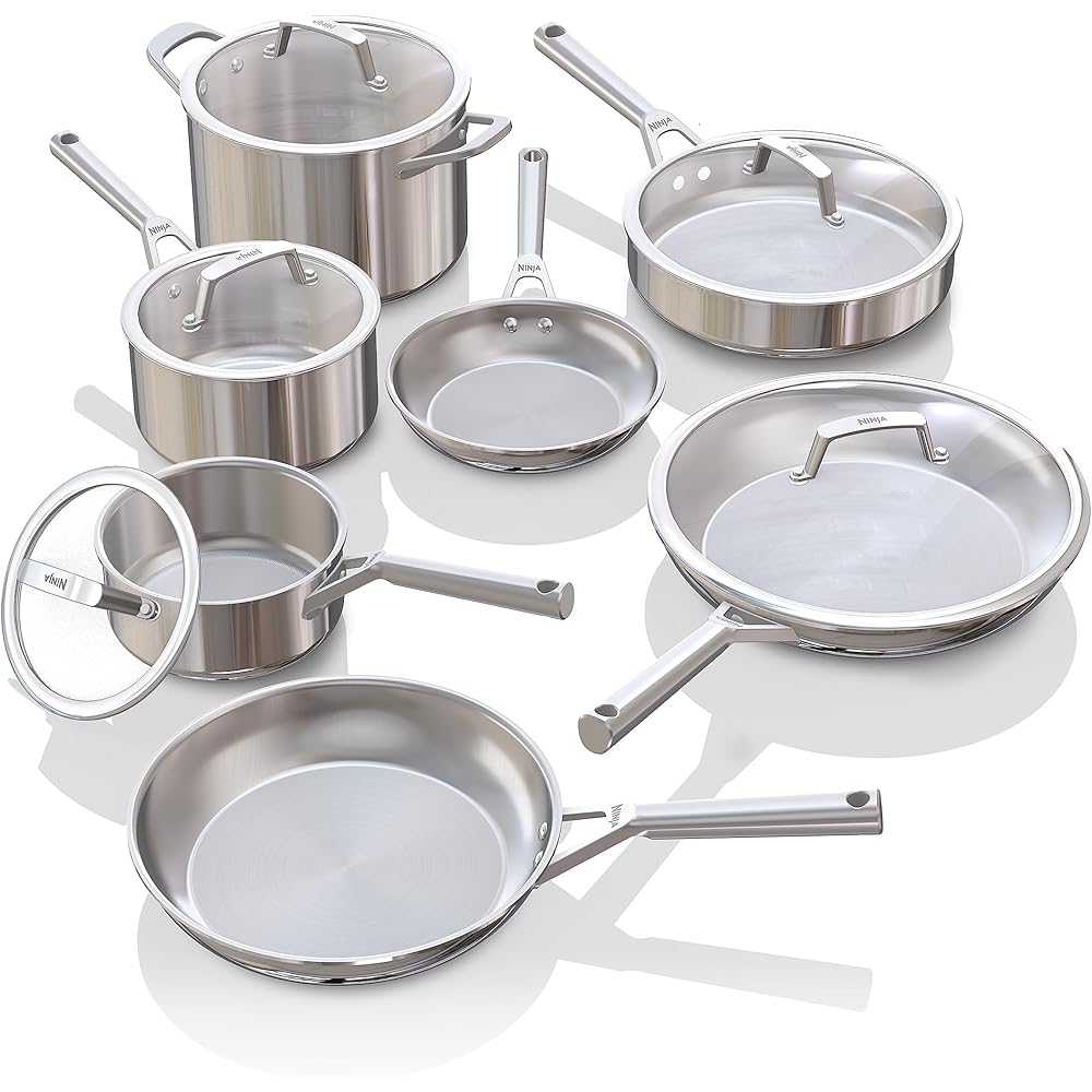 Ninja EverClad Stainless Steel Cookware 12 Piece Pots & Pans Set, All Stovetops & Induction, Oven Safe to 600°F, Tri-Ply Commercial-Grade, C99012