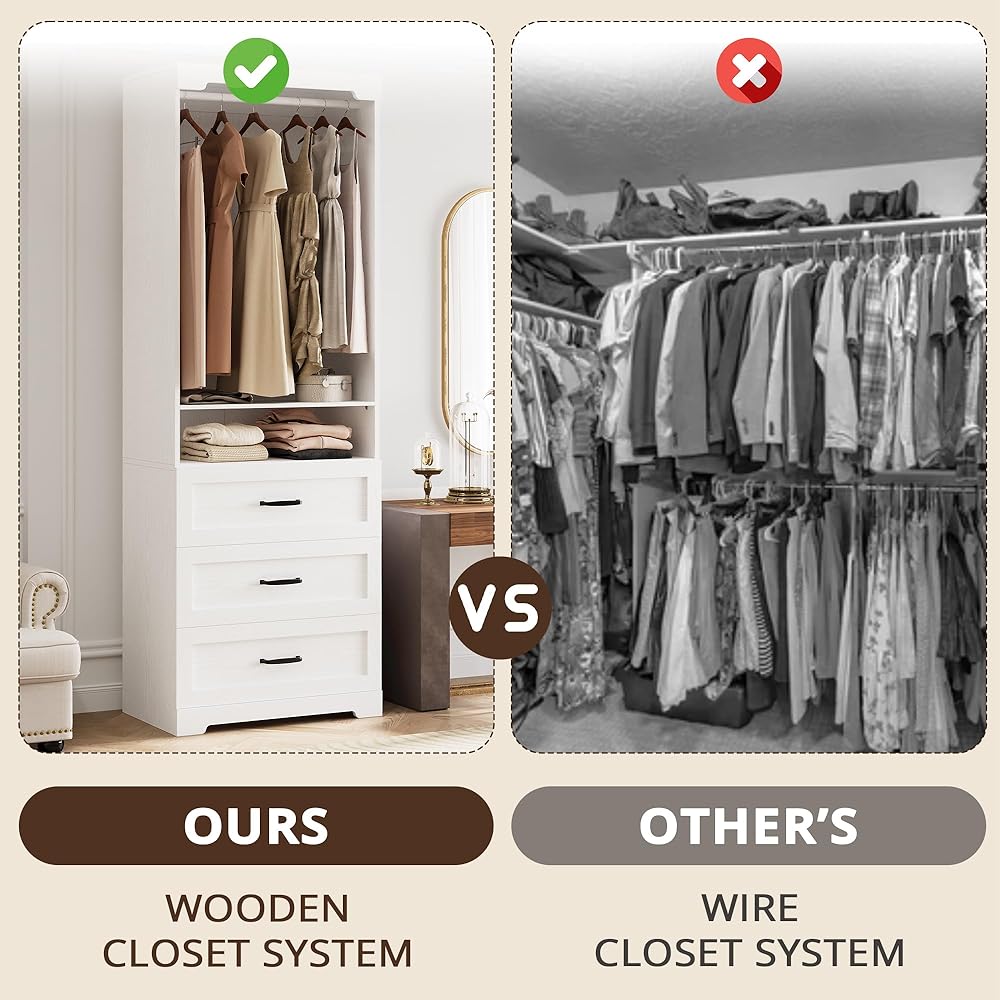 IRONCK Freestanding Closet System with 3 Wood Drawers, Modern Armoire Wardrobe with Adjustable Shelves & Hanging Rod, Walk-in Closet Systems Organizer for Small Closet, White : Home & Kitchen