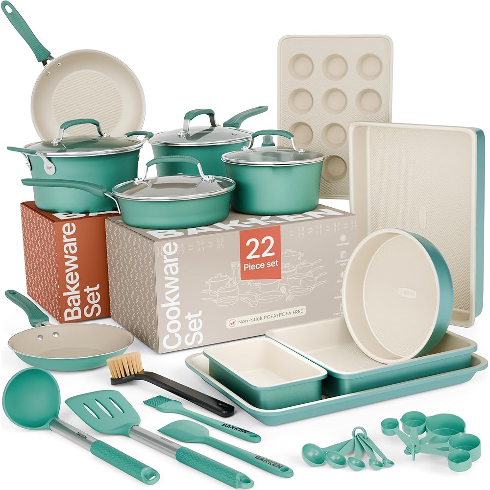 Pots and Pans Set, 22-Piece Non Stick Cookware & Bakeware Sets with Plaid Pattern, Stackable Design, Dishwasher Safe, Stain-resistant, Oven & All-Stove Safe, Tempered Glass Lid,Aqua: Home & Kitchen