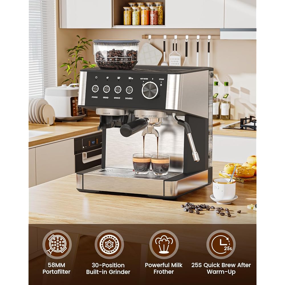 Espresso Machine with Grinder, 20 Bar Expresso Coffee Machines with Milk Frother Steam Wand, Professional Espresso Maker with Removable Water Tank, Cappuccino & Latte Machine for Home