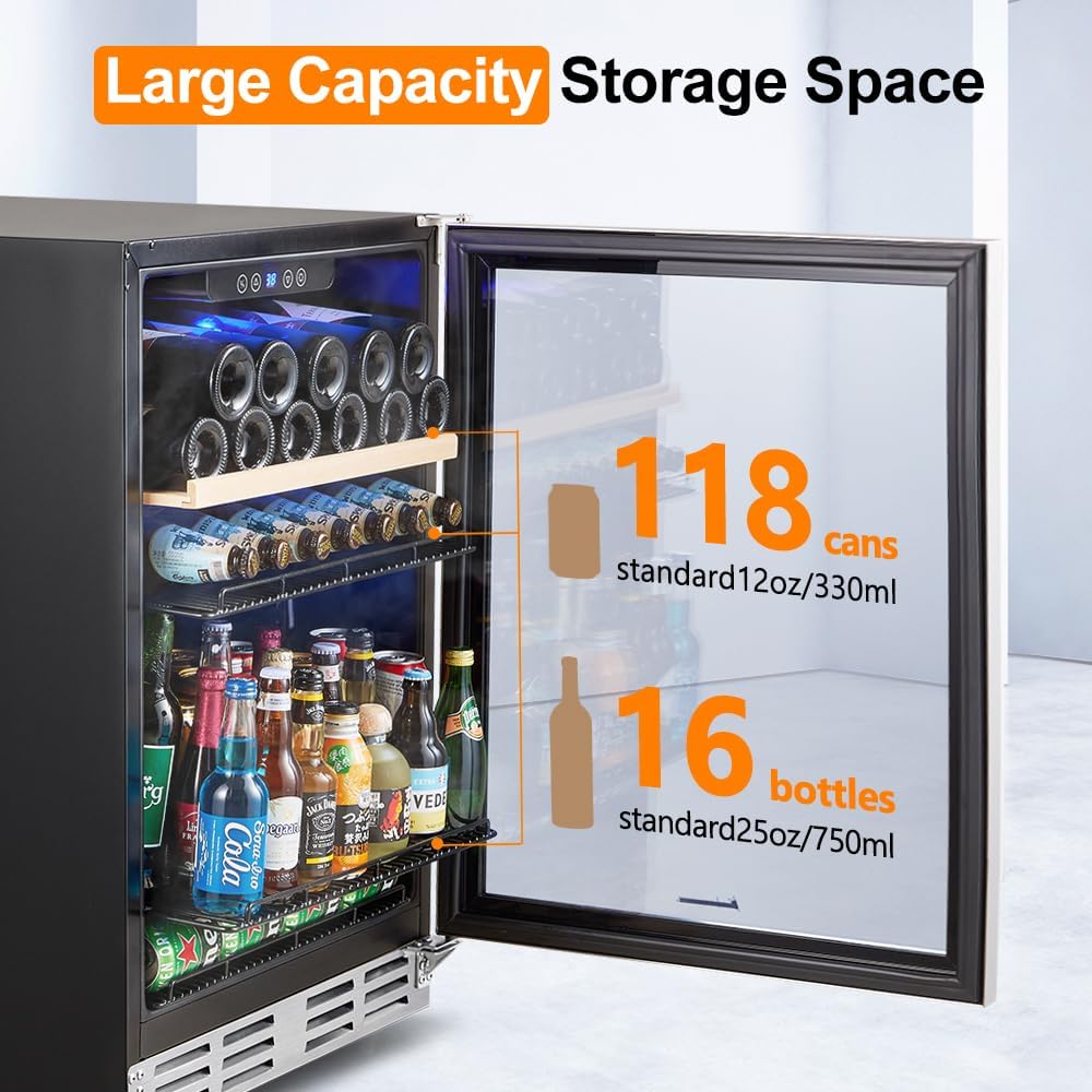 Kalamera Mini Fridge Beverage and Wine Cooler Built-in or Freestanding - 118 Cans & 16 Bottles Capacity Wine Refrigerator Cooler : Appliances