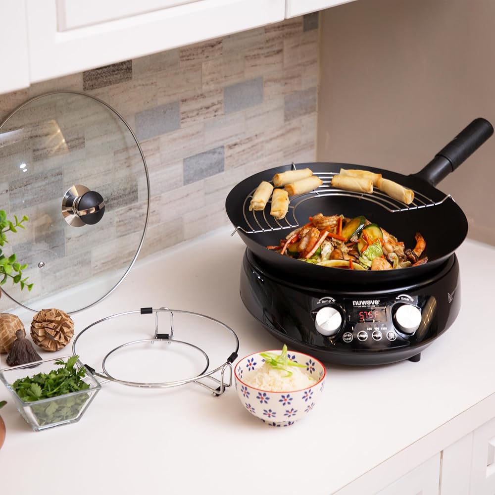 Nuwave Mosaic Induction Wok, Precise Temp Controls from 100°F to 575°F in 5°F, Wok Hei, Infuse Complex Charred Aroma & Flavor, 3 Watts 600,900 & 1500, Authentic 14-inch Carbon Steel Wok Included,Black: Home & Kitchen