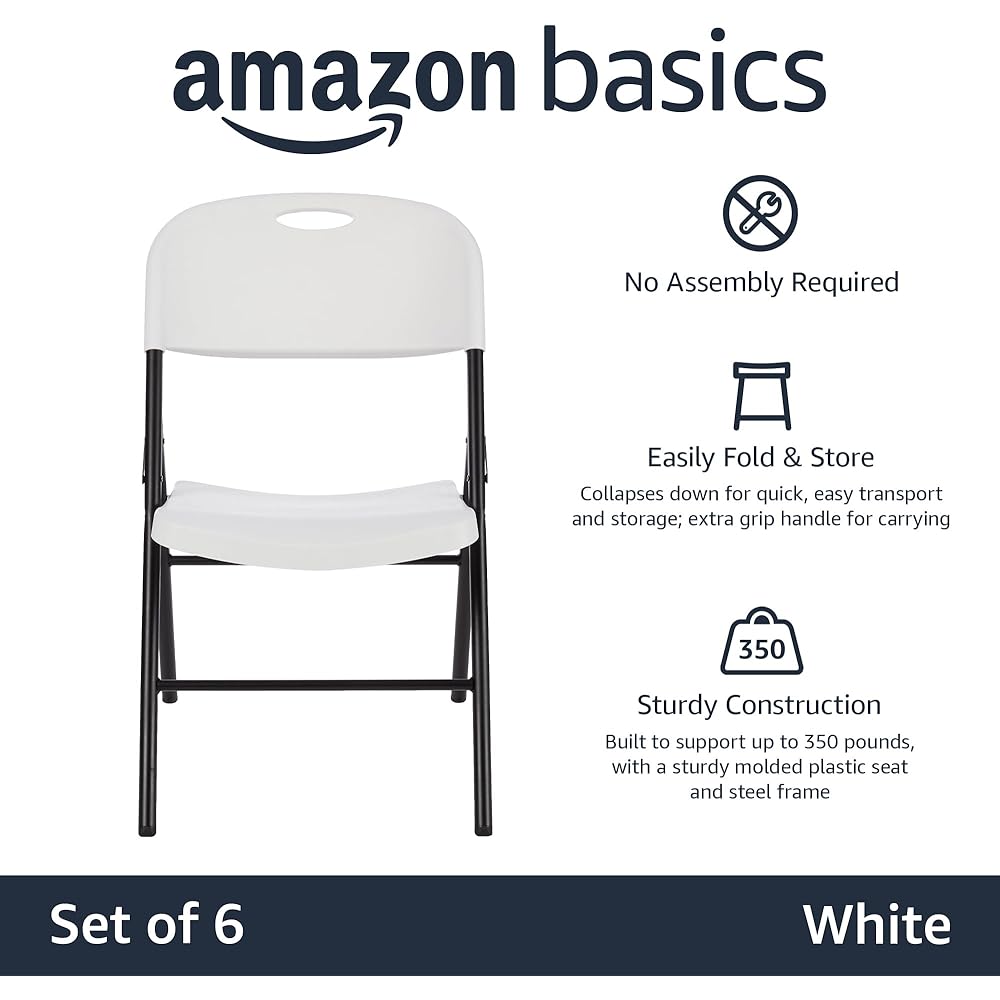 Amazon Basics Sturdy Foldable Plastic Chair, Portable, 350-Pound Capacity, White, 6-Pack