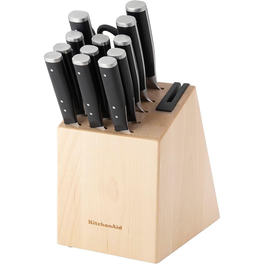 KitchenAid Gourmet Forged Triple Rivet Knife Block Set with Built-in Knife Sharpener, High Carbon Japanese Stainless Steel Kitchen Knives, Sharp Kitchen Knife Set with Block, Birchwood,14-Piece, Black