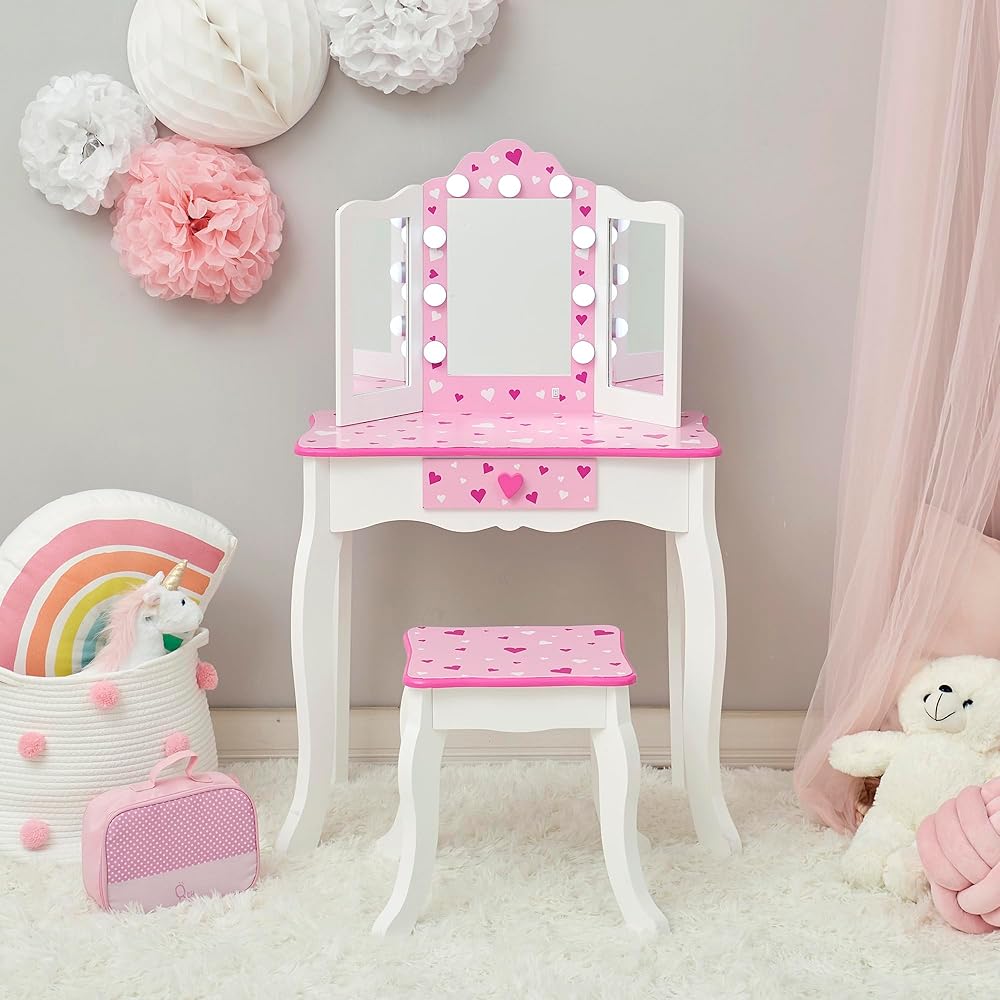 Teamson Kids Vanity Set for Girls with LED Lights, Tri-Fold Mirror, Stool & Drawer, Pretend Makeup Table for Toddlers, Heart Design, Wooden White Pink Princess Play Furniture, Ages 3+