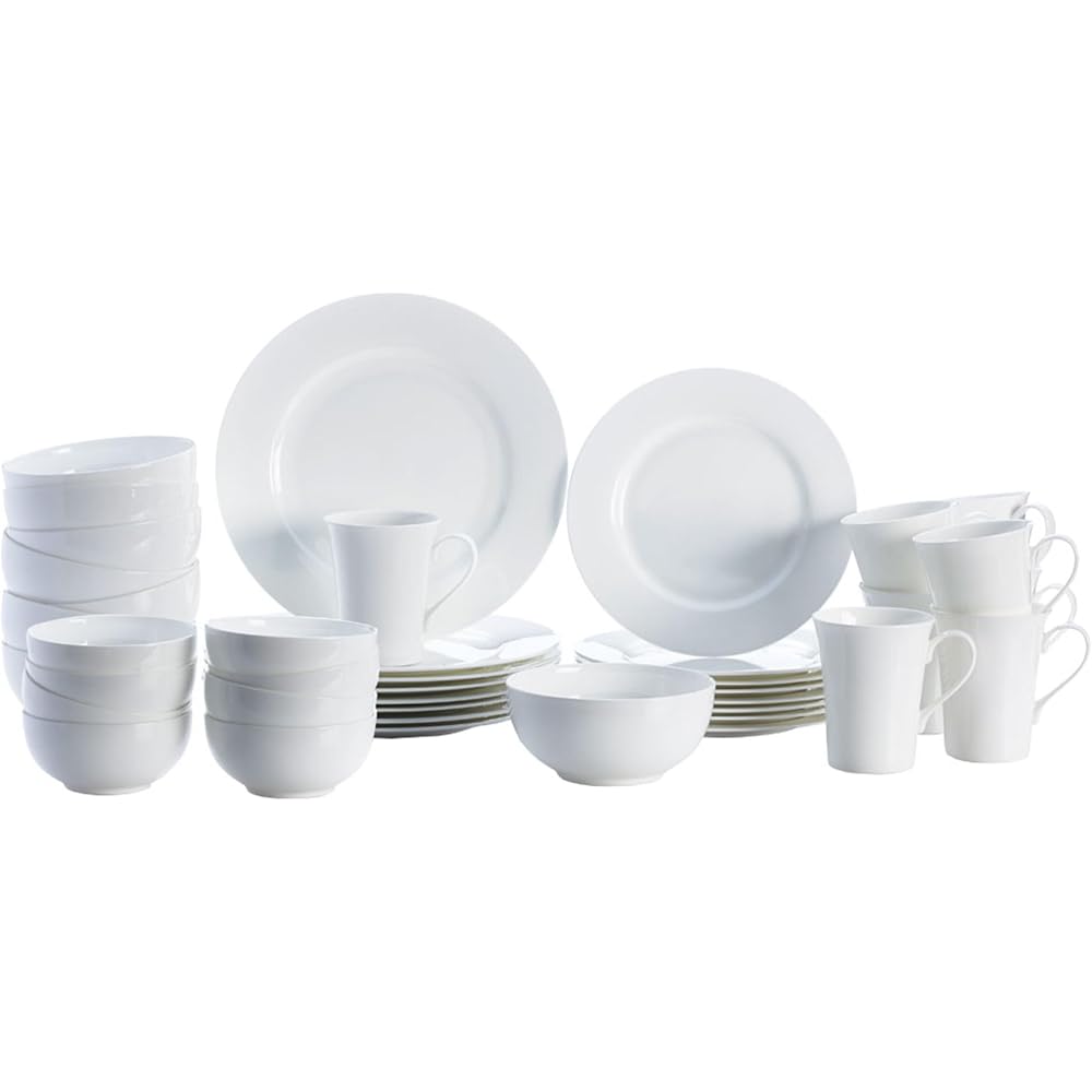 | Mikasa Delray 40-Piece White Dinnerware Set, Service for 8, Durable Porcelain Plates, Bowls, and Mugs, Dishwasher and Microwave Safe: Dinnerware Sets