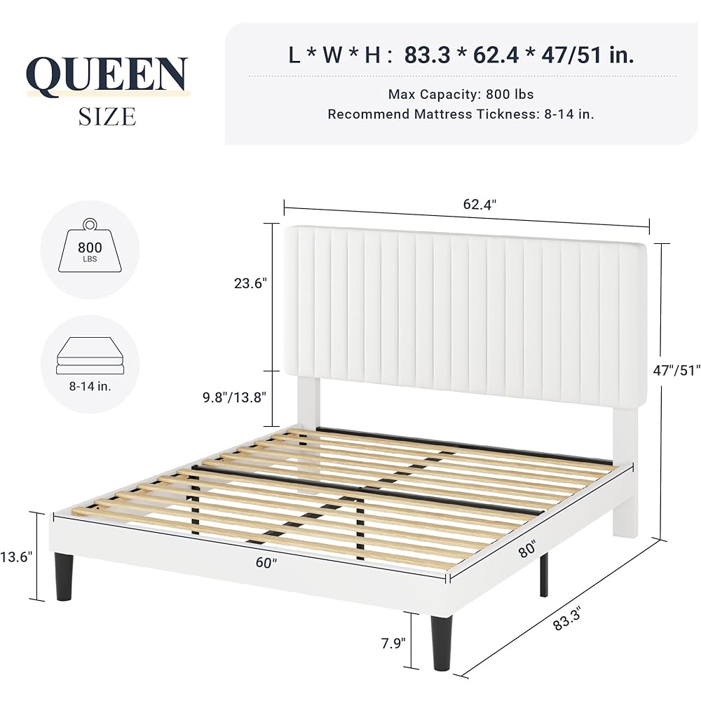 Allewie Queen Bed Frame, Velvet Upholstered Platform Bed with Adjustable Vertical Channel Tufted Headboard, Mattress Foundation with Strong Wooden Slats, Box Spring Optional, Easy Assembly, White : Home & Kitchen