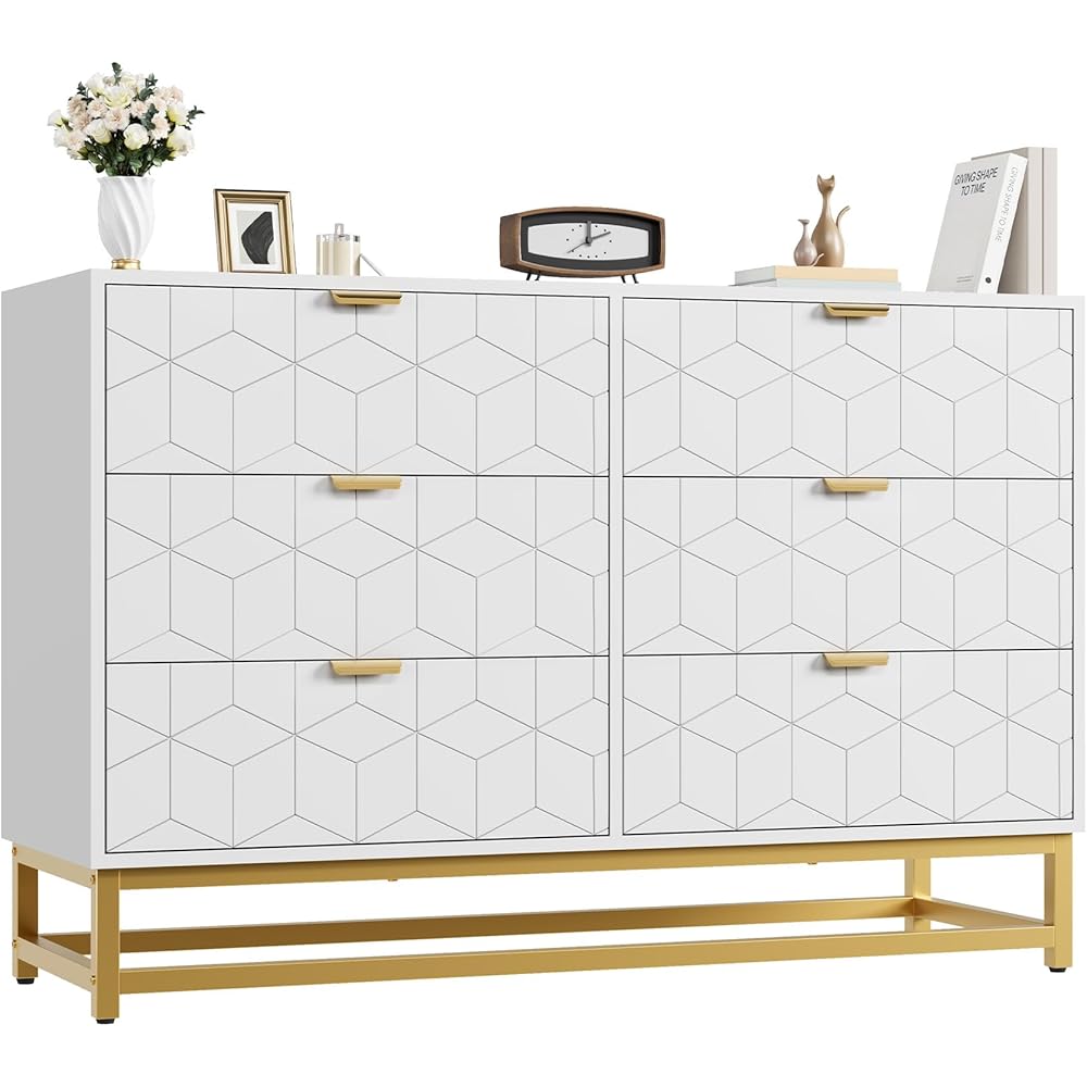 IDEALHOUSE White 6 Drawer Dresser with Wide Storage, Wood Dresser Chest Organizer with Metal Legs, Modern Dressers & chests of Drawers for Bedroom, Living Room, Hallway : Home & Kitchen