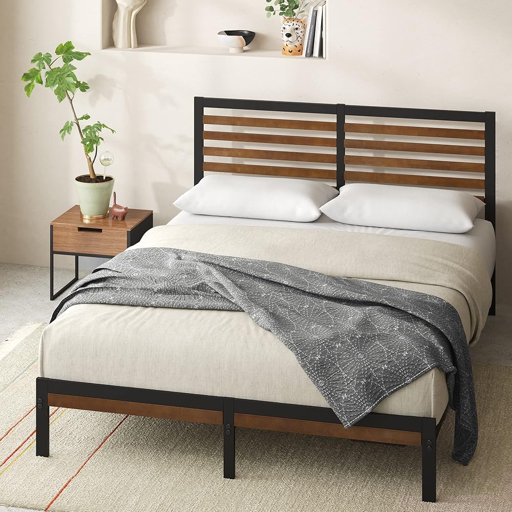 ZINUS Kai Bamboo and Metal Platform Bed Frame with Headboard, No Box Spring Needed, Easy Assembly, Queen, Brown