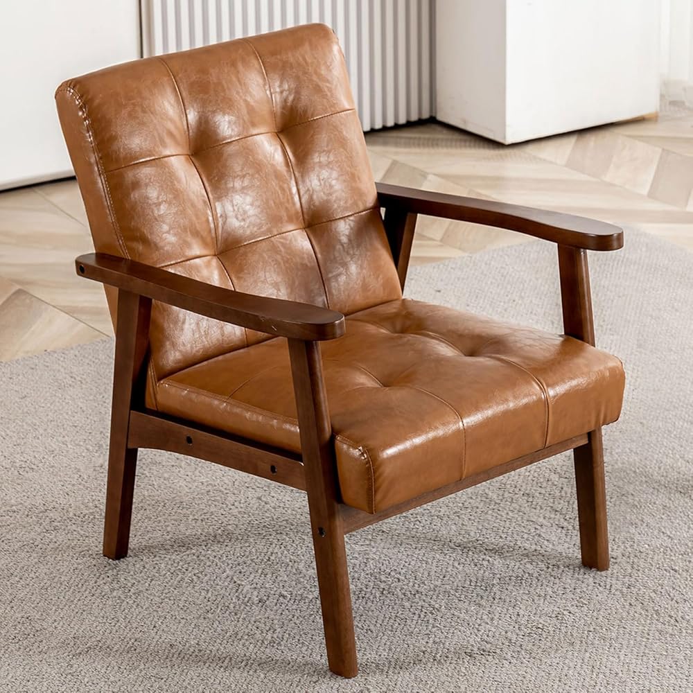 Mid Century Modern Accent Chairs for Living Room, Comfy Bedroom Chairs for Adults,Small Wide Reading Nook Arm Chair, 105° Ergonomic, Cozy Brown Leather Armchair with Rubber Wood : Home & Kitchen