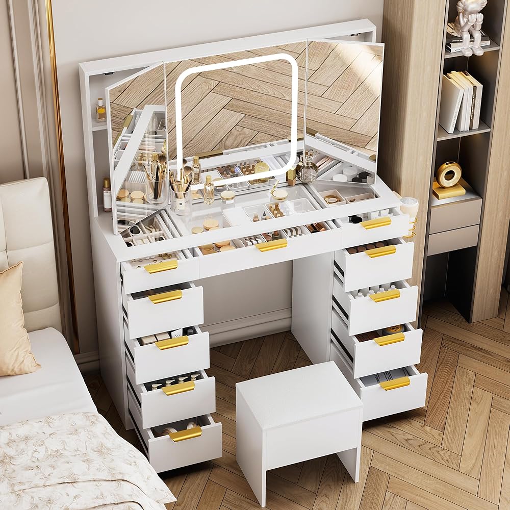 Pamapic 11 Drawers Vanity Desk with Foldable Mirror, Glass Top Makeup Vanity with LED Lights, 3 Lighting Modes, Golden Handles Dressing Table with Chair and Power Outlet : Home & Kitchen