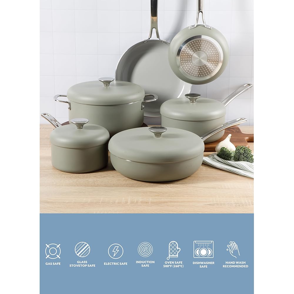 Sur La Table Kitchen Essentials Potluck Porch 10 Piece PFA Free Ceramic Non stick Interior Forged Aluminum Cookware Pots and Pans Set W/Aluminum Lids - Green - Induction Compatible: Home & Kitchen