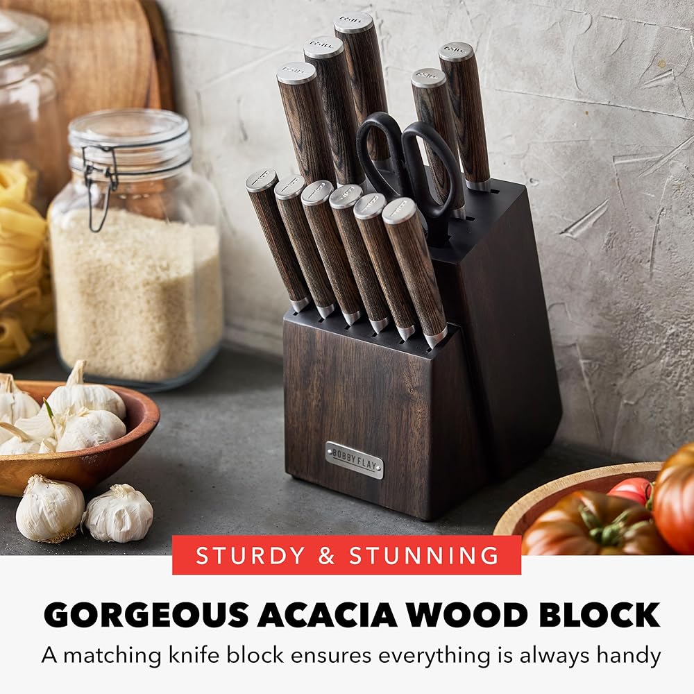 GreenPan x Bobby Flay 13 Piece Stainless Steel Cutlery Kitchen Knife Block Set, Premium Stainless Steel Blades, Acacia Wood Knife Block, Hand Finished Ergonomic Wood Handle, Damascus Steel Design: Home & Kitchen