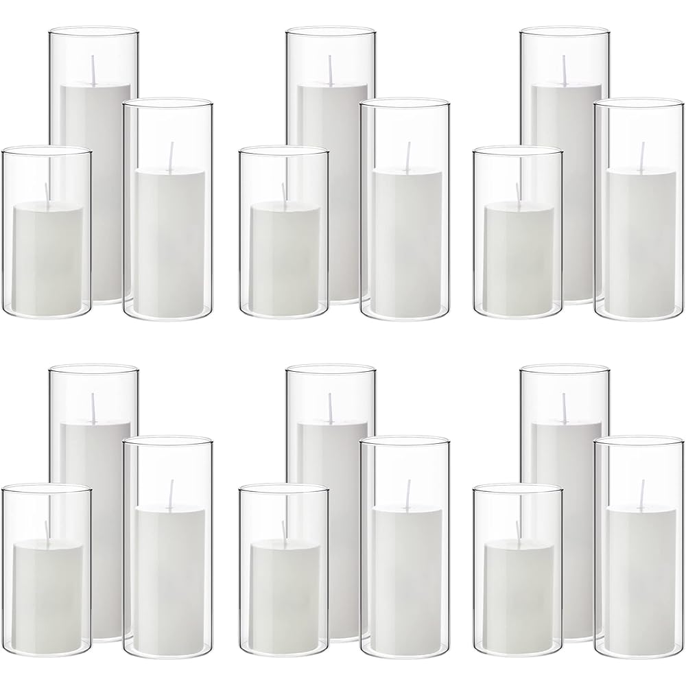 Shihanee 36 Pcs Pillar Candles and Glass Cylinder Vases Tall Cylinder Holders for Pillar Candles Wedding Centerpieces, Total 18 Sets(2.6'' X 4.7'', 5.9'', 7.9'',Clear,White) : Home & Kitchen