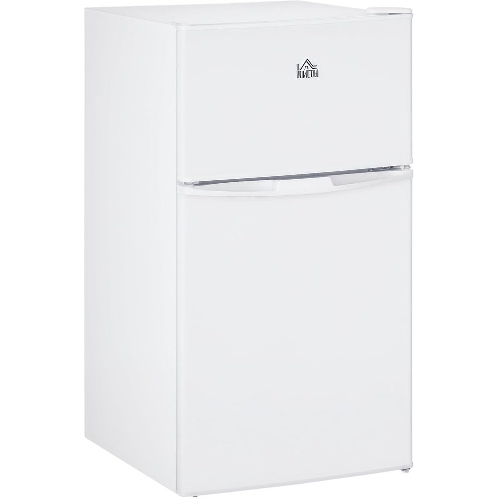 HOMCOM 3.2 Cu.Ft Mini Fridge with Freezer, Double Door Compact Refrigerator with Adjustable Thermostat, Shelf and Reversible Door for Bedroom, Dorm, Home Office, Energy Efficient, White : Home & Kitchen