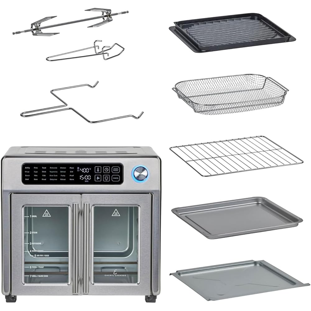 Emeril Lagasse Extra Large French Door Air Fryer Toaster Oven Combo, 24 Cooking Functions and Digital Controls, 7 Accessories Included, Stainless Steel Finish, 26QT Capacity : Home & Kitchen