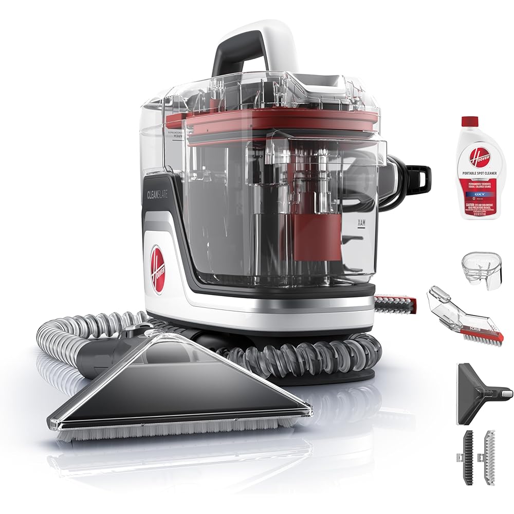 - Hoover CleanSlate Plus Portable Carpet + Upholstery Spot Cleaner Machine, Powerful Suction with Versatile Tools, Pet Stain Remover, Car and Auto Detailer, Pair with Hoover Carpet Cleaner Solution