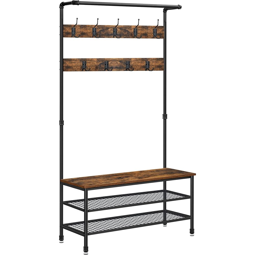 VASAGLE DAINTREE 3-in-1 Entryway Coat Rack and Storage Bench, Pipe Style Hall Tree with 9 Hooks, Multifunctional, Sturdy Steel Frame, Large Size, Industrial, Rustic Brown and Black UHSR47BX : Home & Kitchen