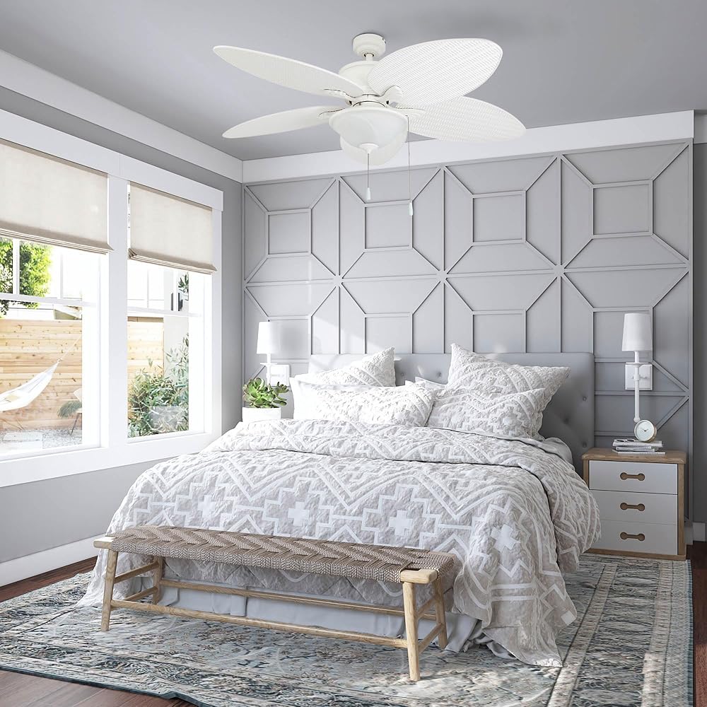 Prominence Home Solana, 52 Inch Tropical Indoor Outdoor Ceiling Fan with Light, Pull Chain, Three Mounting Options, Weather Resistant Palm Leaf Blades - 80018-01 (White) -