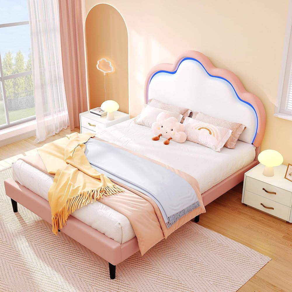 YITAHOME Full Size Bed Frame, LED Bed with PU Faux Leather Adjustable Cloud Headboard, Platform Upholstered Bed Frame with Wooden Slats Support, No Box Spring Needed, Easy Assembly, Pink : Electronics