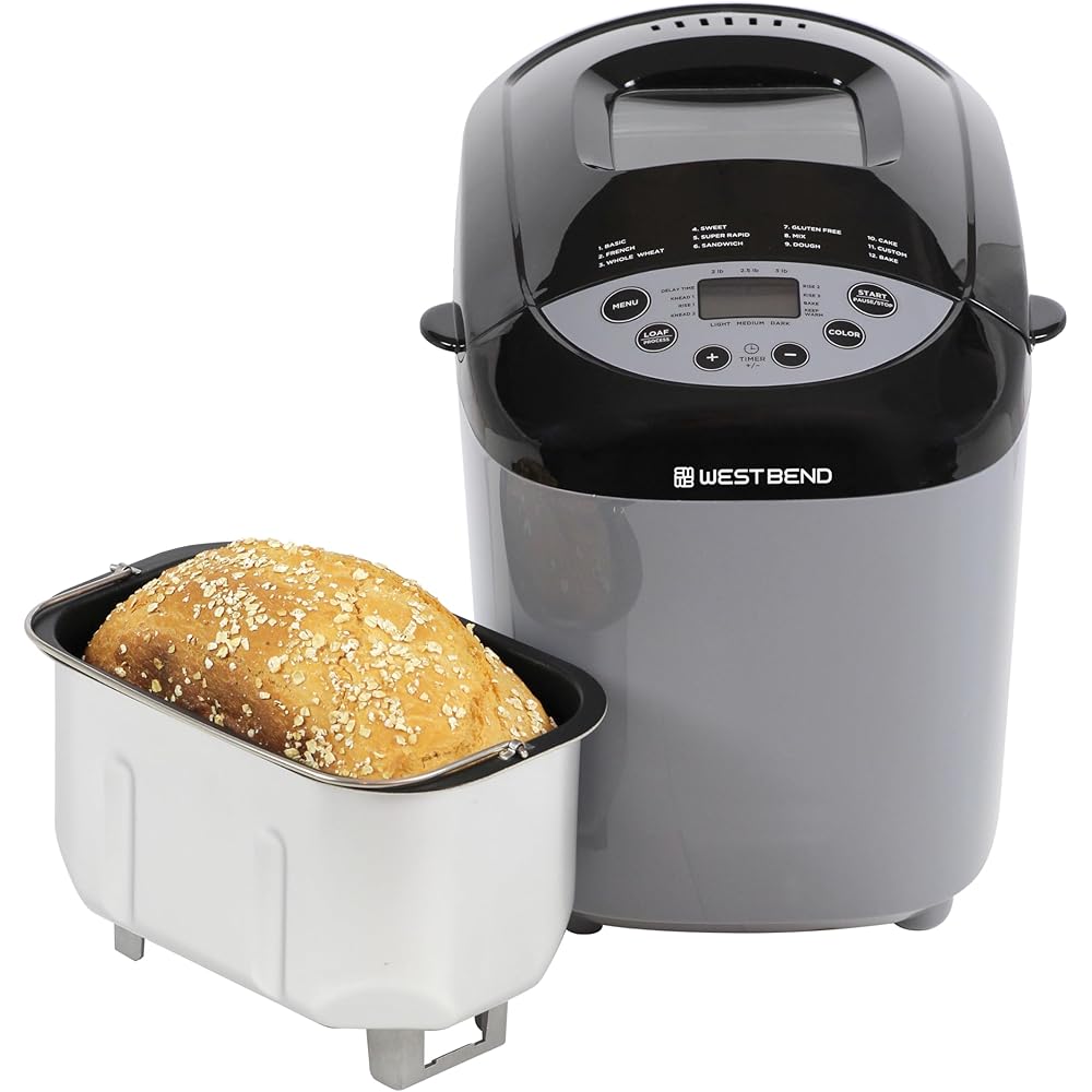 West Bend Hi-Rise Bread Maker Machine Programmable 12 Programs Including Gluten Free & 3 Loaf Sizes and Crust Colors with Traditionally-Shaped Horizontal Bread Pan with Dual Knead Blades, 3-Lb, Gray: Home & Kitchen