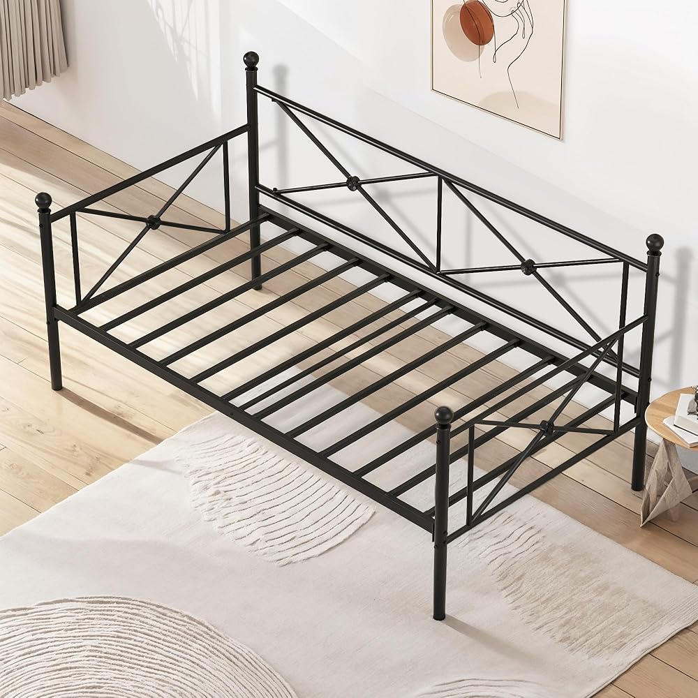 VECELO Twin Daybed Frame, Metal Day Bed with Stylish Headboard, Multifunctional Platform Beds for Bedroom, Living Room, Guest Room, No Boxing Spring Needed, Black : Home & Kitchen