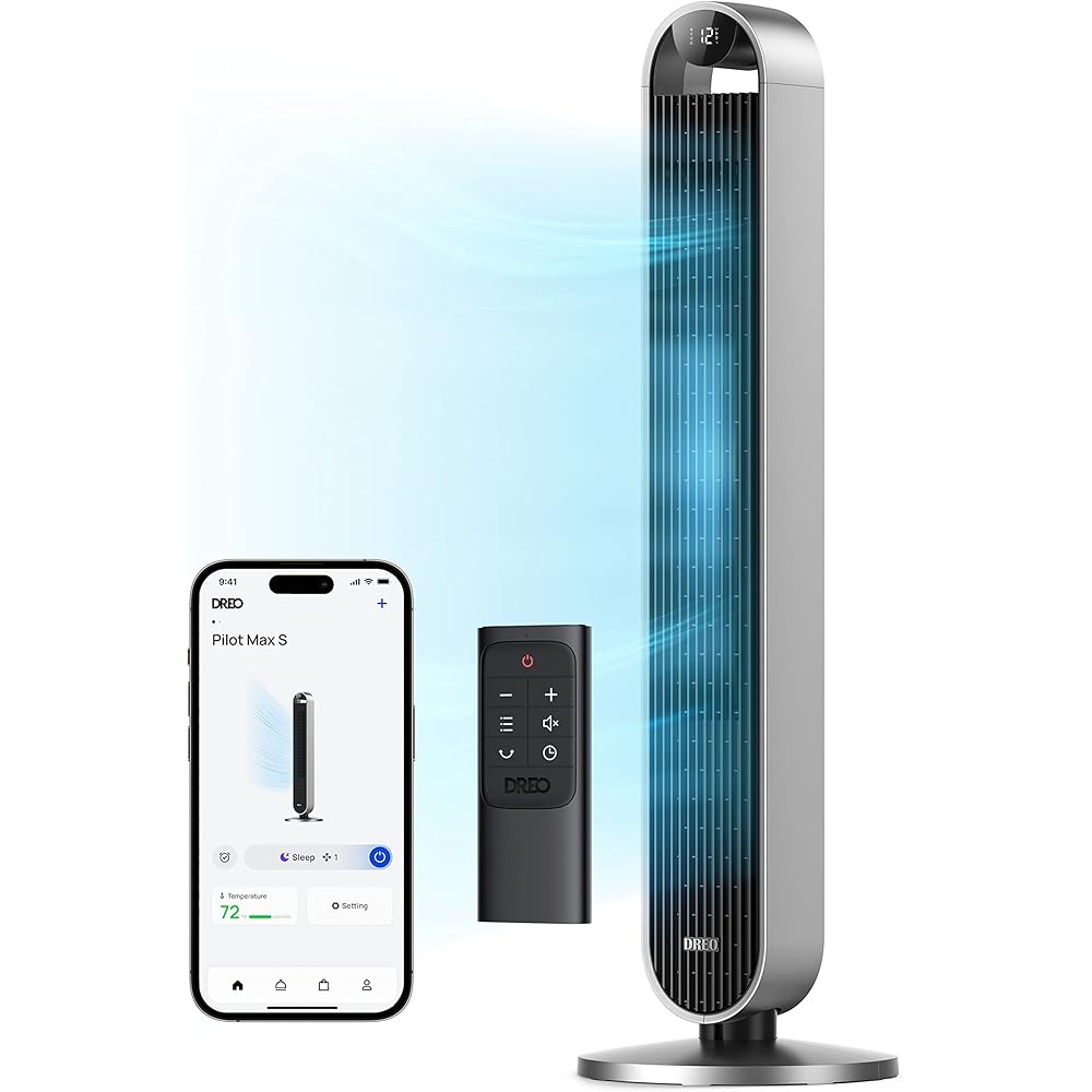 Dreo Tower Fan for Bedroom, 42 Inch 120° Oscillating Fan, 25dB Quiet DC Motor, 28ft/s Velocity Bladeless Standing Fan with 12 Speeds, 4 Modes, 12H Timer Cooling Fans for Home, Living Room, Pilot Max S : Home & Kitchen