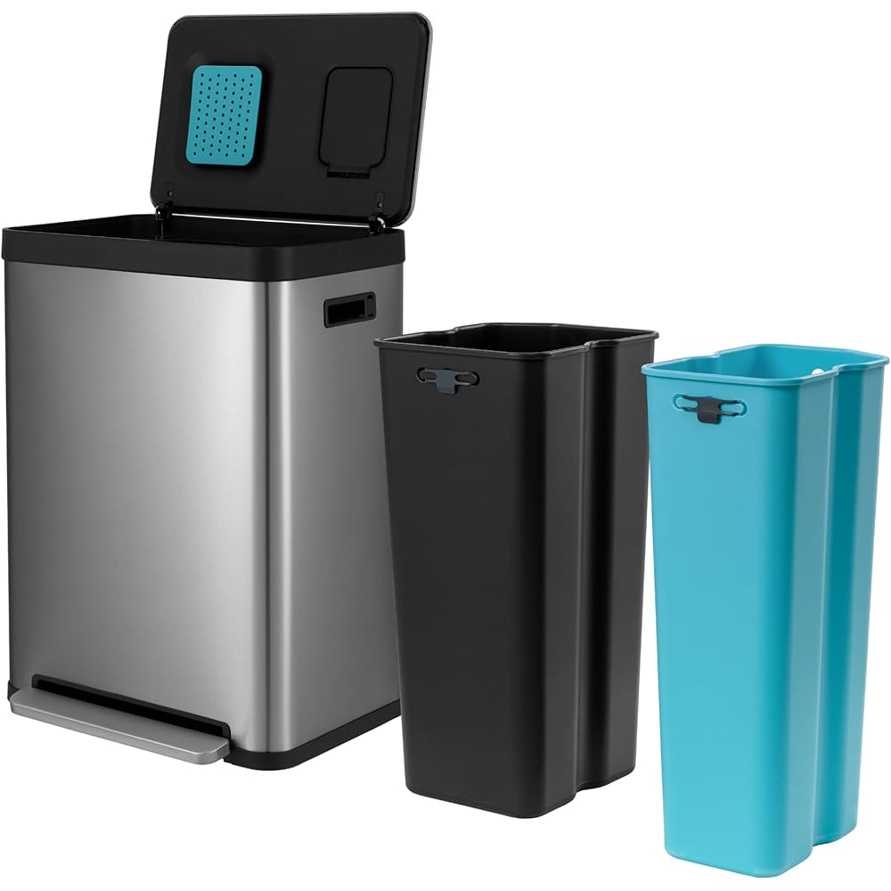 Home Zone Living 19 Gallon Kitchen Trash Can with Dual Compartments for Recycling, CleanAura Odor Control, Stainless Steel, Silver, 70 Liters Total, Gen 1 : Home & Kitchen