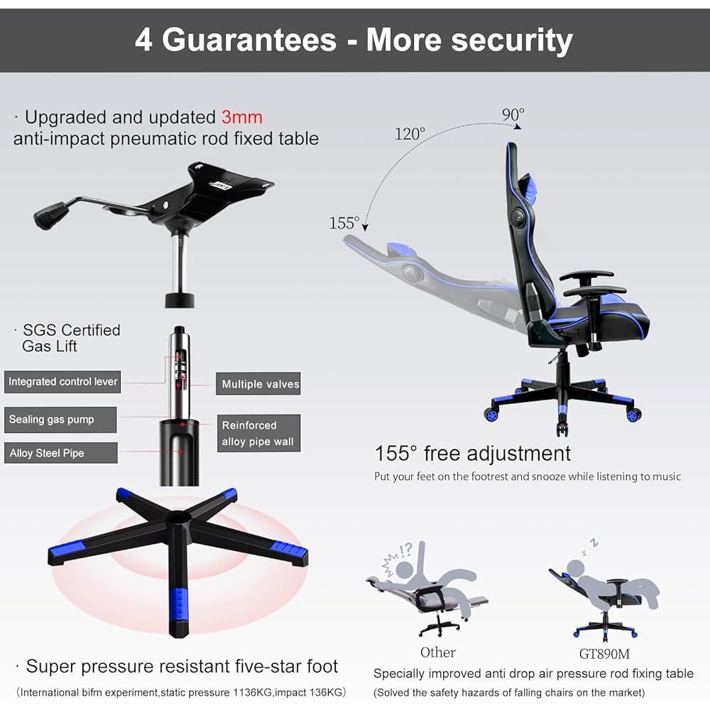 GTRACING Gaming Chair with Speakers Bluetooth Music Video Game Chair Audio Ergonomic Design Heavy Duty Office Computer Desk Chair（Blue） : Home & Kitchen