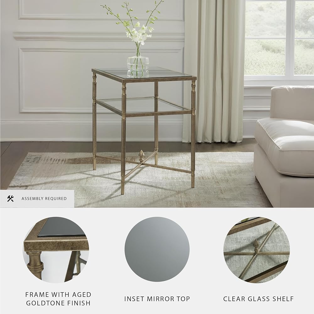 Signature Design by Ashley Cloverty Industrial Mirror-Tabletop End Table with Round Legs and Glass Shelf, Metallic : Home & Kitchen