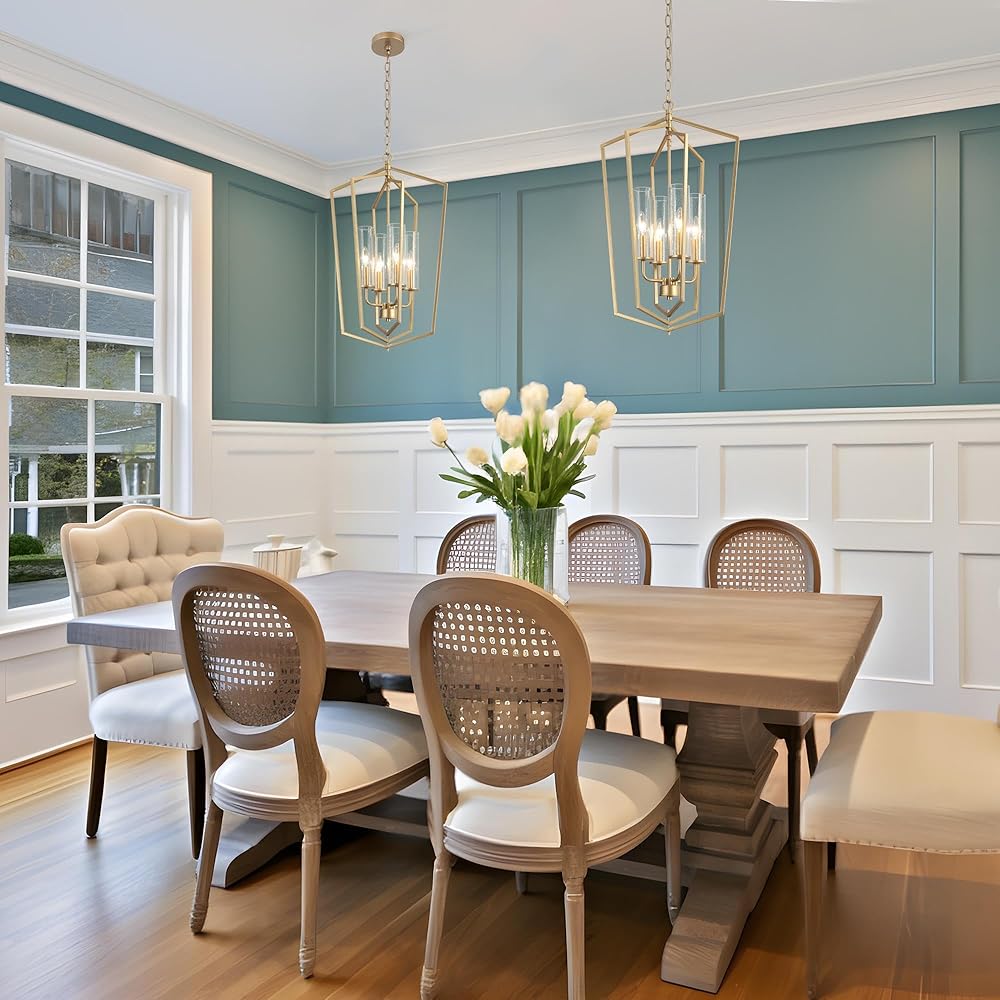 Gold Dining Room Chandelier with 4-Light Lantern Pendant Lights, Adjustable Height Modern Foyer Chandelier with Seeded Glass Shades -