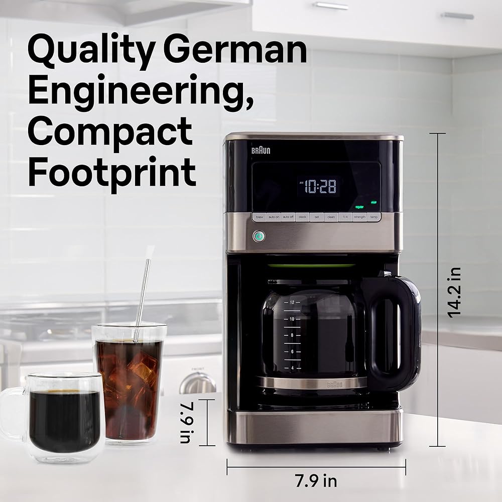 Braun BrewSense 12 Cup Drip Coffee Maker - Pause & Pour Mid Brew, Coffee Machine with 24-Hour Timer & Clock, Bold & Regular Strength, 1-4 Cup Functions, Self Clean, Auto Shutoff, Stainless Steel: Home & Kitchen