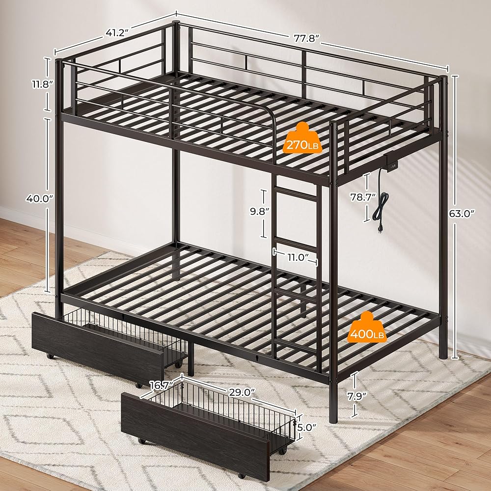 Rolanstar Metal Bunk Bed Twin Over Twin with USB Charging Station, LED Bunk Bed with 2 Storage Drawers, Bed with Safety Guardrail & Ladders, No Box Spring Needed, Easy Assembly, Black : Home & Kitchen