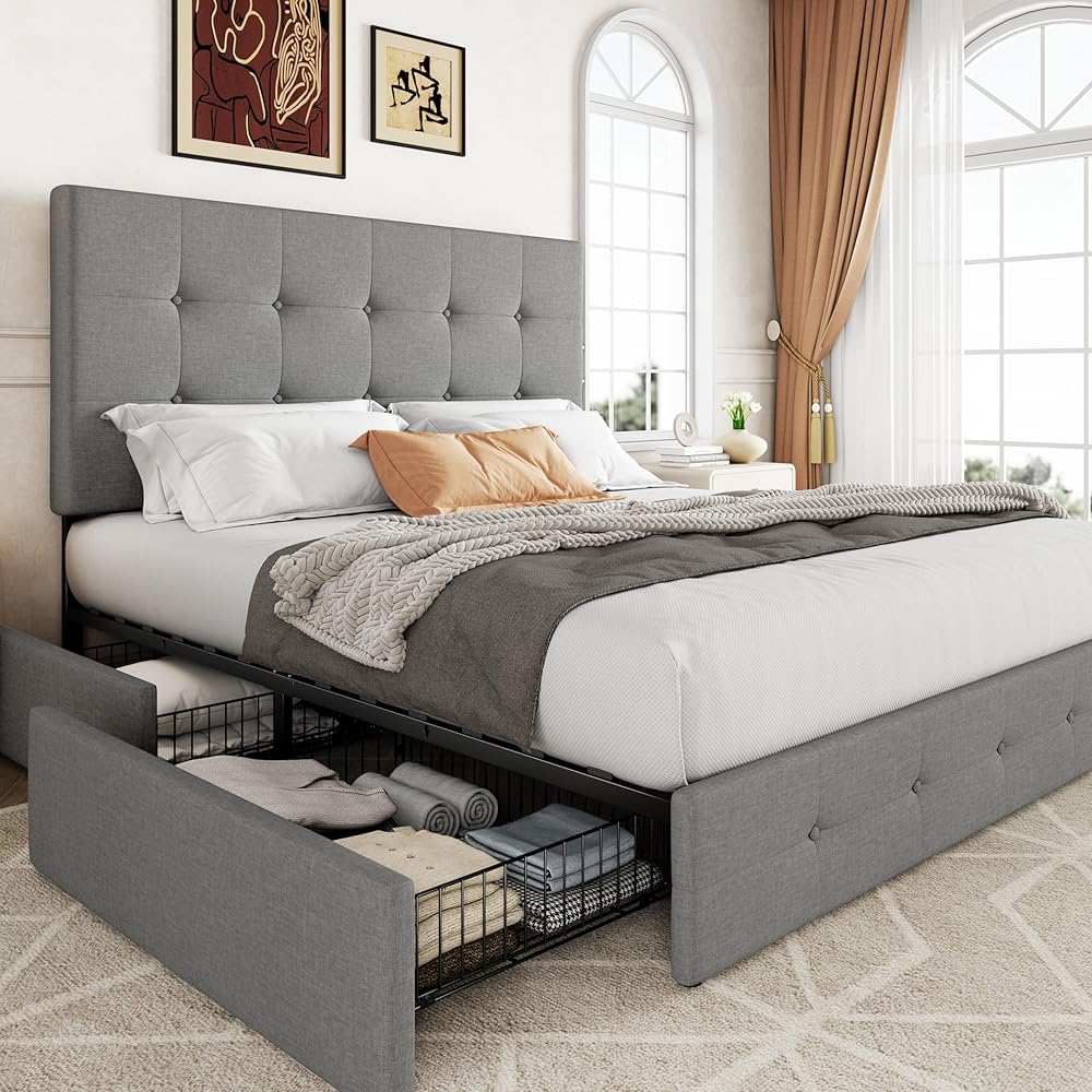 Allewie Upholstered Queen Size Platform Bed Frame with 4 Storage Drawers and Headboard, Square Stitched Button Tufted, Mattress Foundation with Wooden Slats Support, No Box Spring Needed, Light Grey : Home & Kitchen