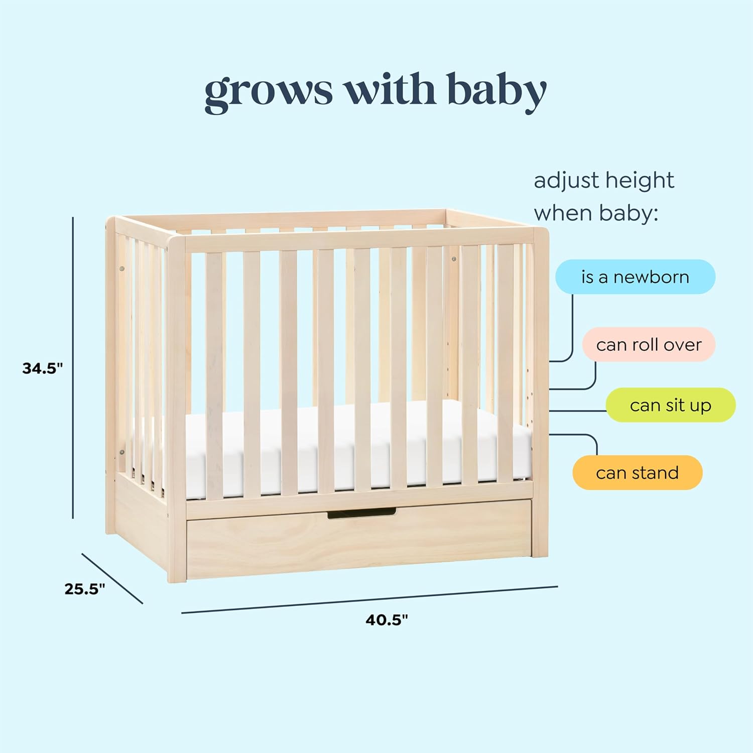 Carter's by DaVinci Colby 4-in-1 Convertible Mini Crib with Trundle Drawer in Washed Natural, Greenguard Gold Certified, Undercrib Storage : Baby