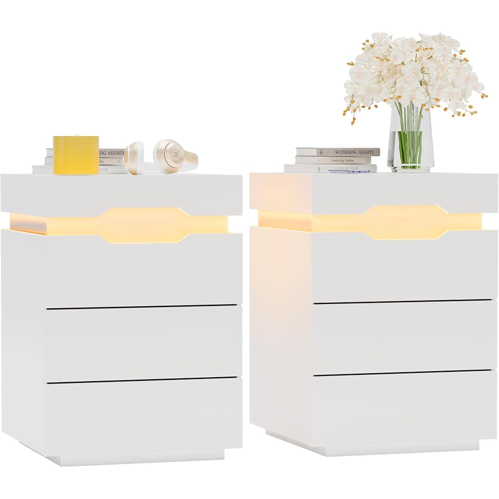YESHOMY LED Nightstands Set of 2 with Charging Station and Sliding Top, Side Table with Large Capacity, Bedside Table with 3 Drawers, Modern Endtable for Bedroom, Pure White : Home & Kitchen