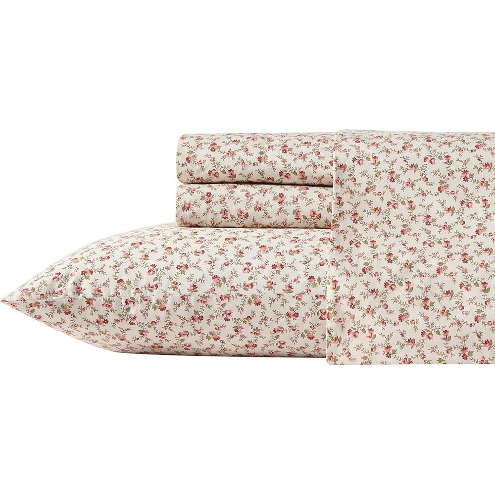 Laura Ashley - Twin XL Sheets, Cotton Percale Bedding Set, Lightweight & Breathable, Oeko-Tex Certified, Coquette Room Decor (Sweet Success Pink, Twin XL)