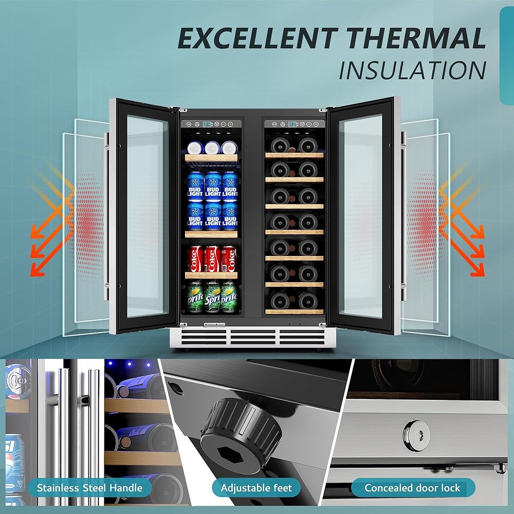 EUHOMY Wine and Beverage Refrigerator, 24 Inch Dual Zone Wine Cooler with Glass Door Hold 21 Bottles and 88 Cans, Built in or Under Counter Wine Fridge with Blue LED Light: Home & Kitchen