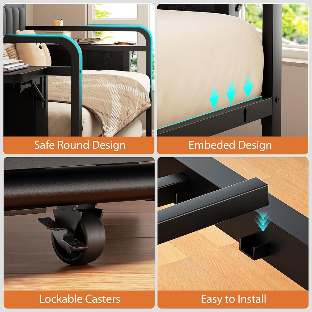 Daybed with Trundle and LED Light, Heavy Duty Metal Twin Bed Frame with Upholstered Storage Headboard & Charging Station, Day Bed Pop Up Trundle Bed Twin for Living Room,Bedroom and Guest Room (Black) : Home & Kitchen