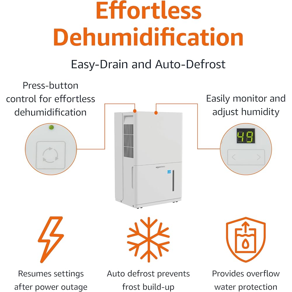 - Amazon Basics Large Dehumidifier for Rooms, Energy Star Certified, Effectively Reduces Humidity, Timer, Auto-Defrost, Overflow Protection, up to 2500 SFT, 35 Pint, White